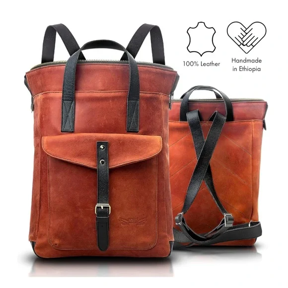 ORNA'S • Red Cognac Leather Backpack Bag Chic Contemporary - Picture 6 of 6